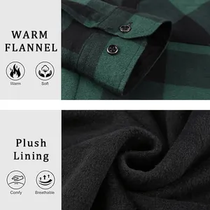 Camicia di flanella da uomo a scacchi verdi con fodera in peluche calda e morbida