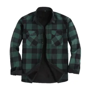 Camicia di flanella a quadri verde scuro da uomo con fodera in pile calda e tasche