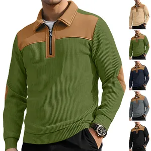 Close-up of men's ribbed knit polo sweatshirt with contrast stitching and zipper.