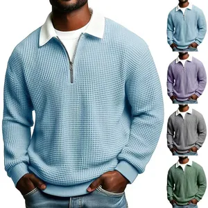 Men's waffle knit quarter-zip polo sweater shown in five different color variants