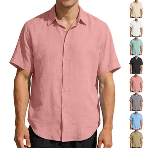 Men's casual short-sleeve linen shirt available in multiple solid colors