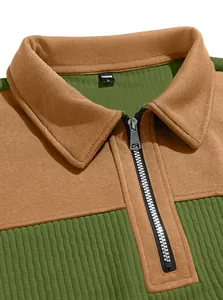 Detailed close-up showing the zip-up collar and ribbed fabric of men's sweatshirt