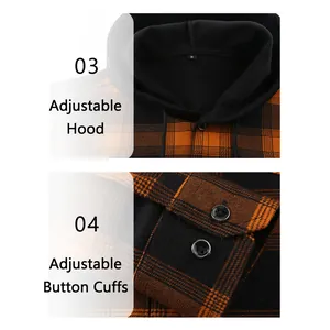 Détails d'une chemise à capuche en flanelle pour homme avec capuche et poignets ajustables.