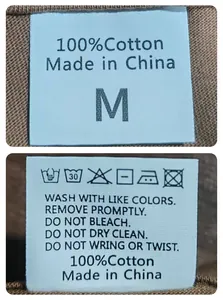 Vue détaillée de l'étiquette d'entretien de vêtements 100 % coton avec instructions
