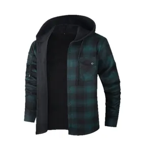 Chemise à capuche en flanelle à carreaux pour hommes vert foncé avec doublure polaire chaude