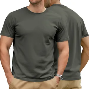 T-shirt premium en coton vert olive pour homme avec col rond montrant l'avant et l'arrière