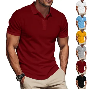 Detailed view of men's breathable short-sleeved polo shirts in various solid colors