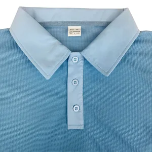 Close-up of a light blue breathable men's Polo shirt showing collar and placket detail