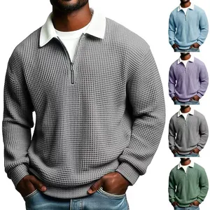 Men's waffle knit long sleeve quarter-zip sweatshirt with polo collar and multi-color options