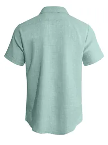 Detailed back view of men's sage green linen short sleeve casual shirt with breathable texture