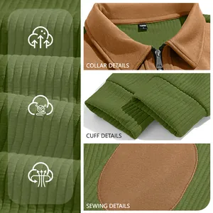Detailed views of men's knit sweatshirt showing collar, ribbed cuffs, and sewing quality
