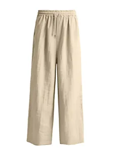 Close-up detail of beige linen blend men's casual trousers with elastic drawstring waist