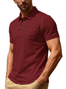 Vue détaillée du polo bordeaux pour homme avec poche poitrine et surpiqûres contrastées