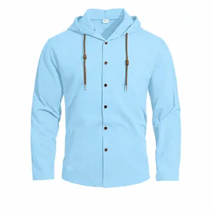 Men Casual Cotton Hooded Shirt Long Sleeve Solid Color Breathable Hawaiian Beach Top Drawstring Loose Fit Casual Shirts