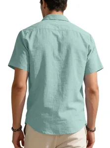 Back view of a men's relaxed fit breathable light blue linen short sleeve shirt