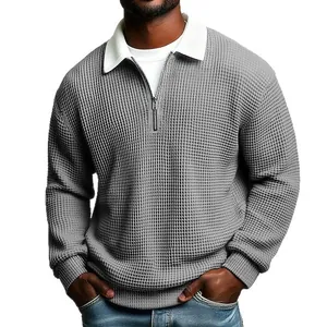 Men's grey waffle-knit long-sleeve sweatshirt with white polo collar and zip-up detail.