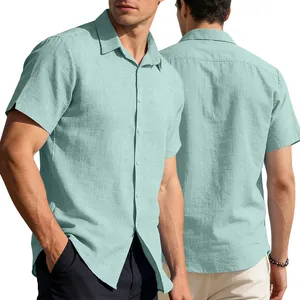 Front and back view of men's mint green linen short sleeve shirt with breathable fabric.