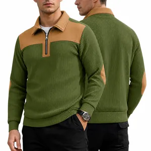 Men Color Block Quarter Zip Sweatshirt Knitted Ribbed Top With Elbow Patches Retro Casual Long Sleeve Pullover
