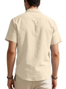 Back view of men's loose breathable linen short-sleeve shirt in cream color