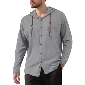 Comfortable men's casual grey long sleeve hooded shirt made of breathable pure cotton