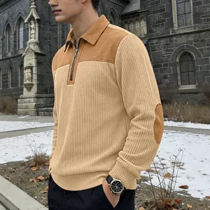 Stylish men's beige corduroy quarter-zip pullover with brown shoulder patchwork details