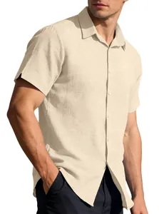 Classic beige linen short sleeve shirt for men with breathable fabric and relaxed casual fit
