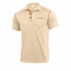 Polo à Manches Courtes pour Hommes en Polyester Respirant Couleur Unie Coutures Contrastées Revers Business Casual Haut pour l'Été