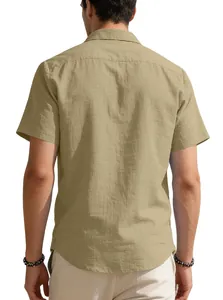 Back view of men's breathable khaki linen short sleeve shirt with detailed fabric texture.