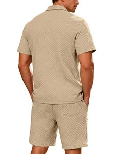 Back view of men's summer beige jacquard textured short sleeve shirt and shorts set