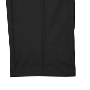 Close-up of black breathable trousers leg showing detailed stitching and fabric texture.
