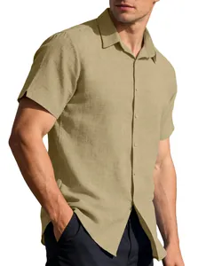 Premium men's khaki linen short-sleeved casual shirt with classic lapel collar detail.
