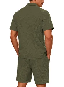 Detailed back view of men's olive green jacquard knit short sleeve shirt and shorts set