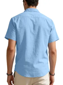 Detailed back view of a men's light blue breathable linen short sleeve casual shirt