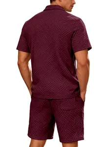 Back view of men's burgundy jacquard short sleeve shirt and shorts set with textured pattern