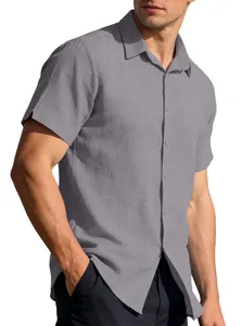 Detail of men's casual grey linen short sleeve shirt with breathable fabric texture
