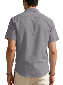 Back view of a breathable grey linen short sleeve shirt for men's casual summer wear