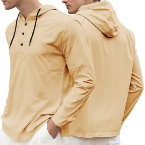 Detailed view of men's hooded long sleeve Henley shirt in khaki with front and back angles.