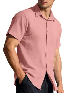 Close-up of pink linen short-sleeve shirt with button-down collar and breathable fabric