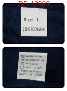Close-up van het wasetiket van een sportset voor heren, maat L en 100% polyester