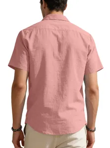 Back view of a casual pink short-sleeved linen shirt for men showing breathable texture