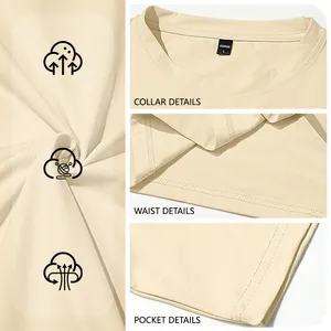 Close-up of beige quick-dry T-shirt showing collar, waist, and fine stitching details.