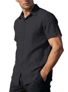 Men's casual black linen short-sleeved shirt with breathable turn-down collar detail
