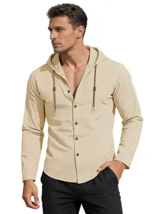 Men's casual beige breathable linen-cotton hooded long sleeve shirt with drawstrings