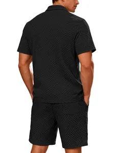 Back view of men's black jacquard short sleeve shirt and shorts set with textured pattern