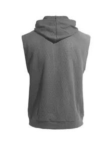 Detailed back view of men's sleeveless jacquard knit hooded vest with chevron texture