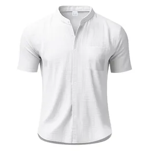 Detailed view of casual men's white linen-style shirt with stand collar and buttons.