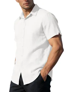 Close-up view of a white linen short-sleeved shirt showing the lapel and fabric detail