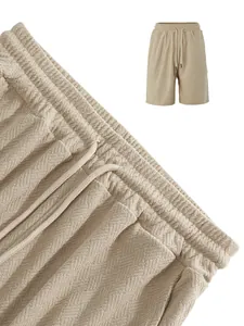 Detailopname van beige heren short van badstof jacquard met trekkoord taille