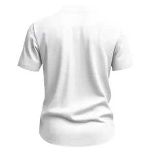 Detailed rear view of white linen men's shirt showing the fabric texture and fit.