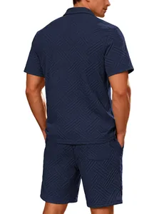 Detailed back view of navy blue men's summer jacquard short sleeve shirt and shorts set
